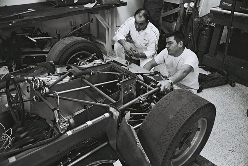  Mickey Thompson and the crew continue making adjustments to his 1964 racers at indy 500